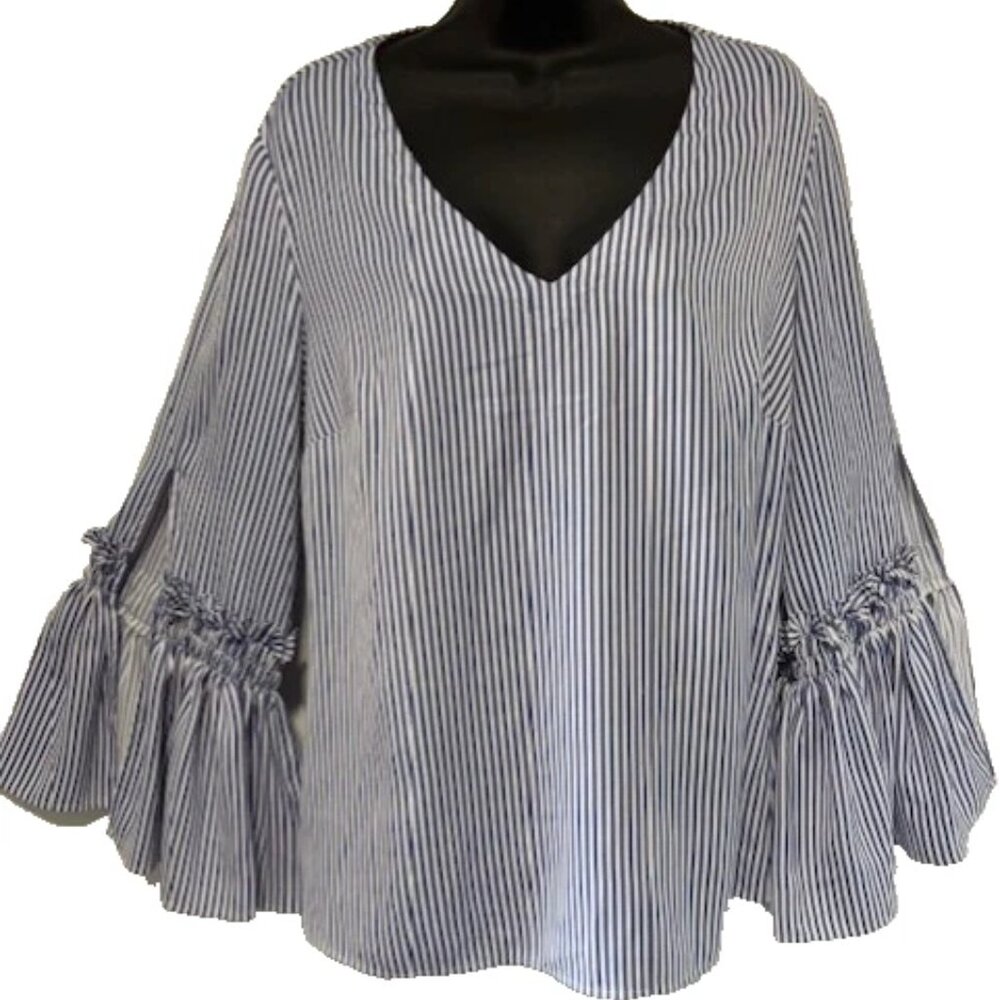 Hilary Radley Blouse Blue White Striped M 3/4 Bell Sleeve V Neck Boho Casual